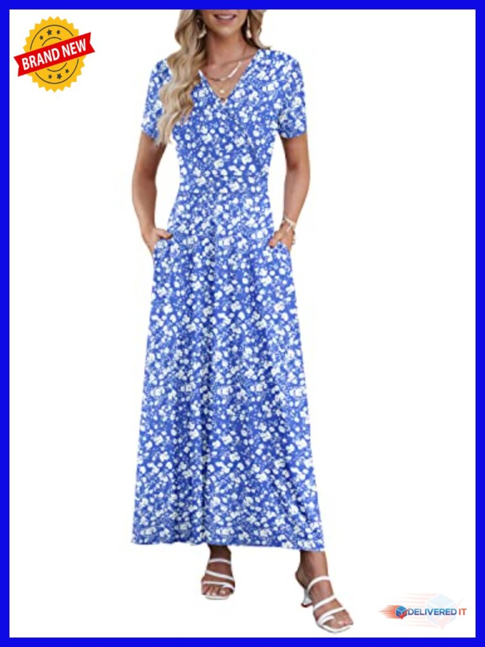 Women's Floral Maxi Dress Ankle Length Short Sleeve V-Neck Beach Casual